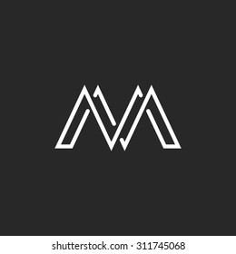 M monogram letter logo, crossing thin line, black and white mockup MM hipster emblem