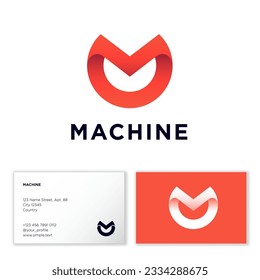 M monogram like red riibbon. Letter M inscribed in a circle.  Business card.