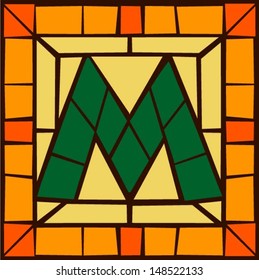 M - Mosaic alphabet capital letters, stained glass windows with frame or tile design, vector illustration