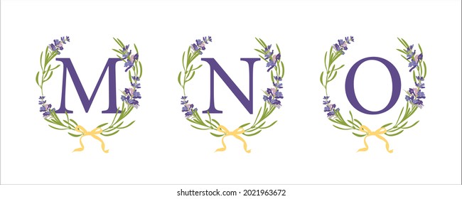 M N O letter. Set modern hand-drawn flat sketch illustrations. Lavender flower wreath with alphabet monogram. good idea for wedding art decor. Vintage vector typographic emblem, logo, label design