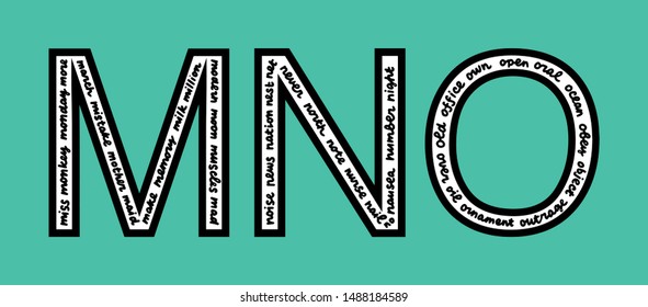 M N O letters with words inside hand drawn lettering in cartoon style turquoise background