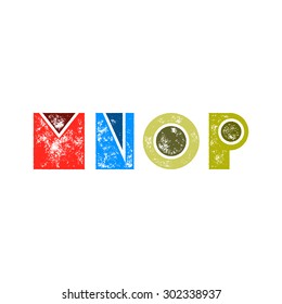 M N O P - Abstract grunge retro alphabet from simple geometric shapes - Colorful capital letters - Typography and infographic resource