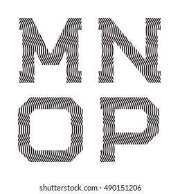 M, N, O, P black wavy lines letters. Stripy font.