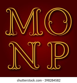 M, N, O, P golden vintage letters with shadow. Letters of lines with flourishes. Font in royal style.