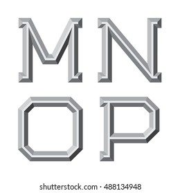 M, N, O, P gray faceted letters. Prismatic retro font.