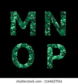 M N O P green camouflage letters. Army font, military alphabet