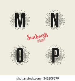M N O P Sunbursts Effect Stipple Alphabet - Bold Font with Sunburst Made from Little Dots - Halftone Vector Illustration