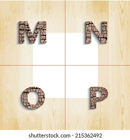 M N O Pwooden font with shadow on wood boards background, vector EPS 10