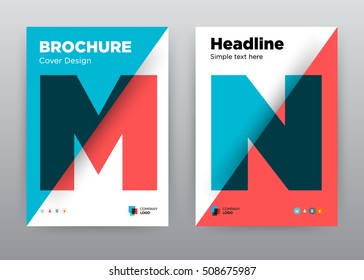 M, N, Red blue big diagonal geometric shapes cover graphic print letter layout in A4 size brochure flyer template design, roll up annual report stock vector Leaflet EPS 10, catalog booklet, typography