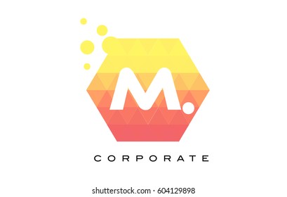 M Orange Hexagon Shaped Letter Logo Design with Dots Bubbles.