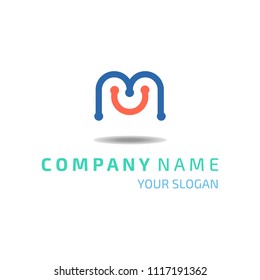 ฺBlue M and orange U letter on white background. Smile Company Logo vector concept.