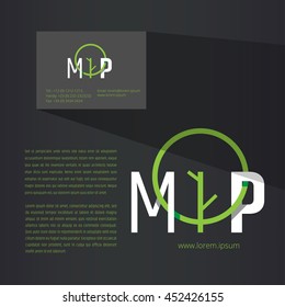 "M & P" - capital letters with tree symbol in between. Can be used for eco focused companies with appropriate name. Business card design included.