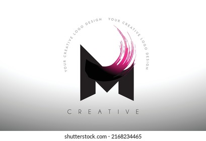 M Paint Brush Letter Logo Design with Artistic Brush Stroke in Black and Purple Colors Vector Illustration.