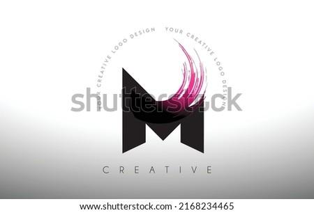 M Paint Brush Letter Logo Design with Artistic Brush Stroke in Black and Purple Colors Vector Illustration.