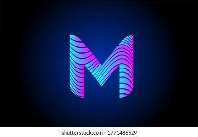 M pink blue alphabet letter logo icon for business. Curly line design for corporate identity
