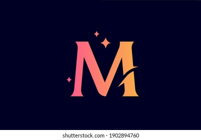 M pink yellow gradient alphabet letter logo for company with stars. Branding for lettering and identity. Creative template design for business icon