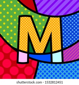 M Pop Art modern design alphabet letter. Comic style font in modern trendy colors. ABC lettering. Cartoon graphic letter for kids and your design. Halftone background and texture. 