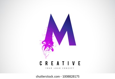 M Purple Letter Logo Design with Creative Liquid Effect Flowing Vector Illustration.