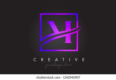 M Purple Violet Letter Icon Logo Design with Square Swoosh Border and Creative Design Vector Illustration.