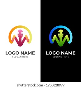 M record logo, microphone and letter M, combination logo with 3d colorful style