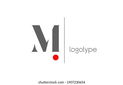 M red white grey unique alphabet letter logo for business. Creative corporate identity and lettering . Company branding icon design with red dot