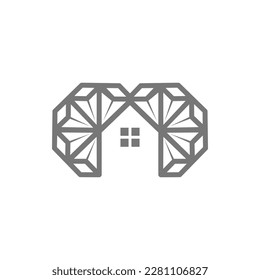 Logo en forma de M hecho de pirámide. Contiene casa.