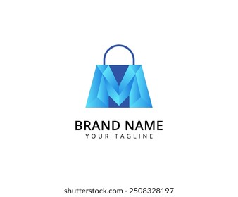 M Shop logo design. Shopping cart logo and shopping bags logo icon vector