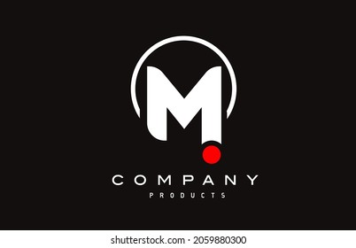 M simple black white alphabet letter logo icon with circle and red dot. Creative design for business 