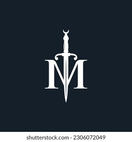 M sword initial letter logo design vector