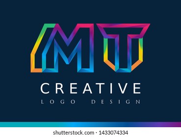 M T Logo. MT Letter Design Vector with Magenta blue and green yellow color