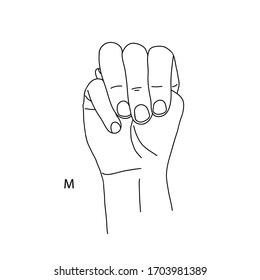 M is the thirteenth letter of the alphabet in sign language. A gesture in the shape of a fist with a protruding tip of the thumb. Black and white drawing of a hand. Deaf and language