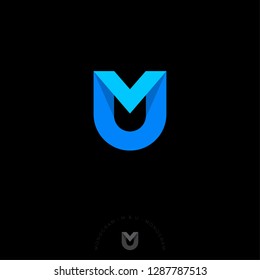 M and U letter in a shield. M, U origami monogram consist of blue ribbon. Web, UI icon, isolated on a dark background.