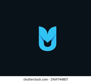 M and U letter in a shield. M, U origami monogram consist of blue ribbon. Web, UI icon, isolated on a dark background.