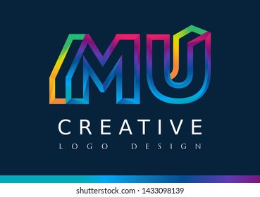 M U Logo. MU Letter Design Vector with Magenta blue and green yellow color