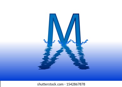 M uppercase letter with water reflection effect vector illustration. Wavy letter design for logo, emblem, label, card, company name, business or web page graphic element.