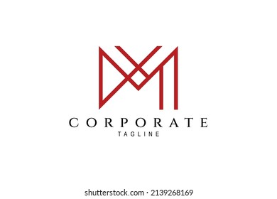 Logotipo en mayúscula M con estilo de diseño de arte de línea en color rojo