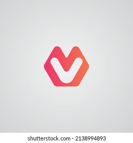 M V hexagon shape round letter logo design template.