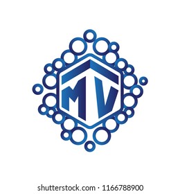 M V Initial letter hexagonal logo vector