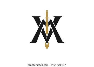 M V initial logo design with sword medieval warrior.