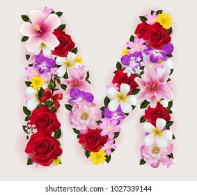M, vector font with realistic of beautiful tropical flowers on background color.
