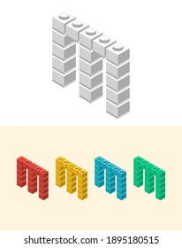 M vector letter with colourful plastic toy brick, isolated isometric 3d childish block font. Perfect for kids labels, birthday and kindergarten posters, school style, children magazines etc.