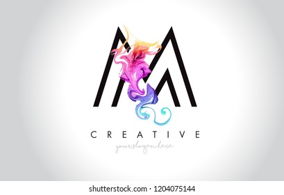 M Vibrant Creative Leter Logo Design with Colorful Smoke Ink Flowing Vector Illustration.