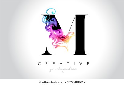 M Vibrant Creative Letter Logo Design with Colorful Smoke Ink Flowing Vector Illustration.