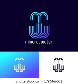M and W monogram. Mineral Water emblem like fountain. Pure Water logo. Delivery of water. The minimalist style.