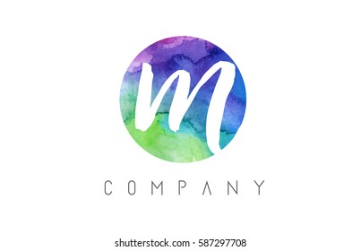 M Watercolor Letter Logo Design With Circular Brush Pattern And Blue Green Purple Colors.