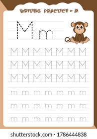 M writing practice for kids. Cartoon Illustration of Monkey. Preschool educational alphabet writing practice for kids. Writing book pages for kids. Uppercase and lowercase alphabet writing practice.