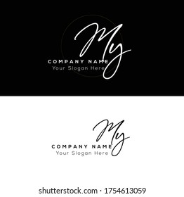 M Y MY Initial letter handwriting and signature logo.	