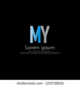 M Y MY Vector initial abstract logo concept for your company. the font is cut into two in gray and blue