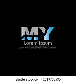 M Y MY Vector initial abstract logo concept for your company. the font is cut into two in gray and blue
