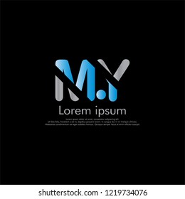 M Y MY Vector initial abstract logo concept for your company. cut font, color gray blue magenta. black background